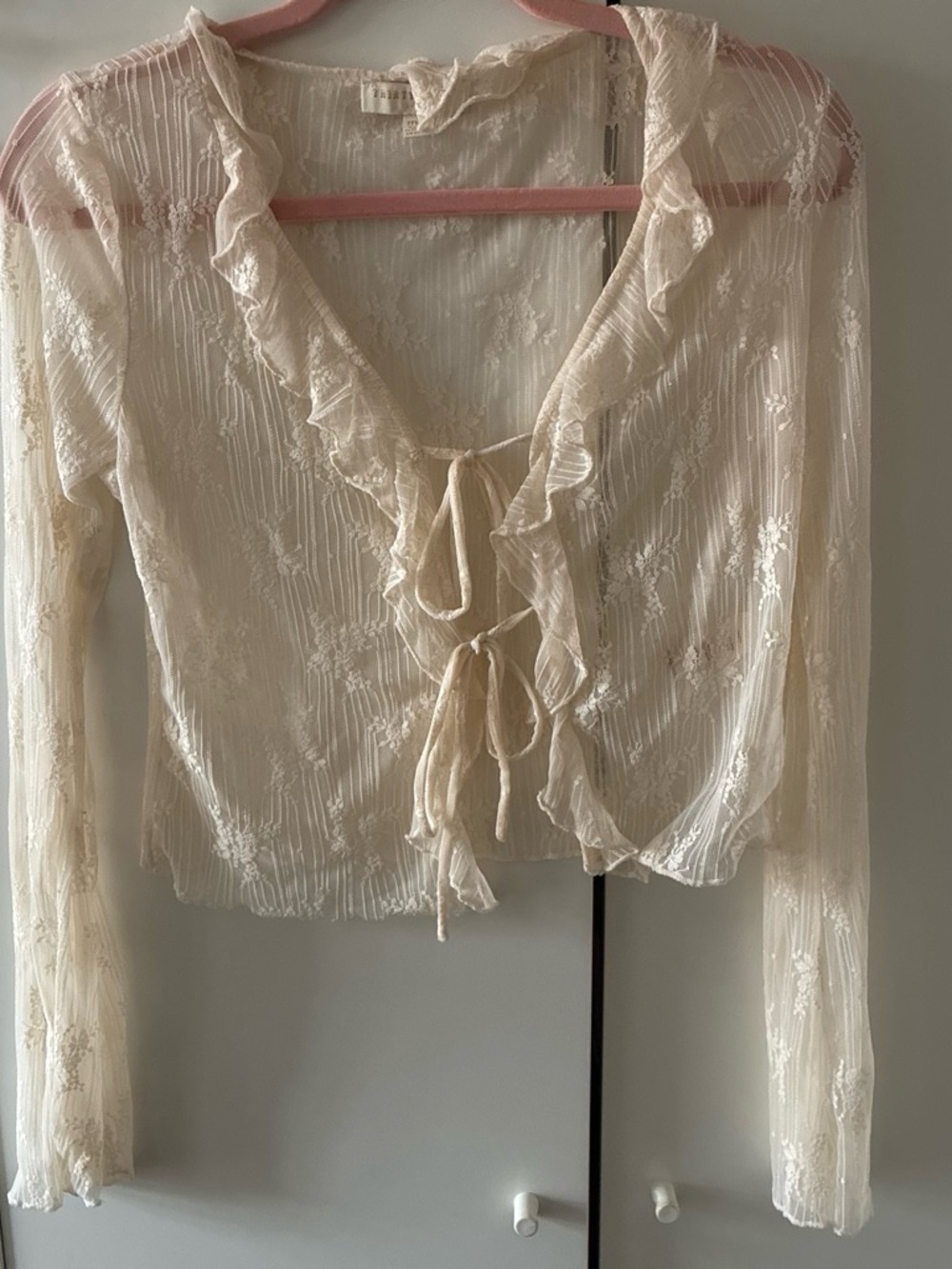 Ruffled Tie-Front Sheer Blouse in Cream
